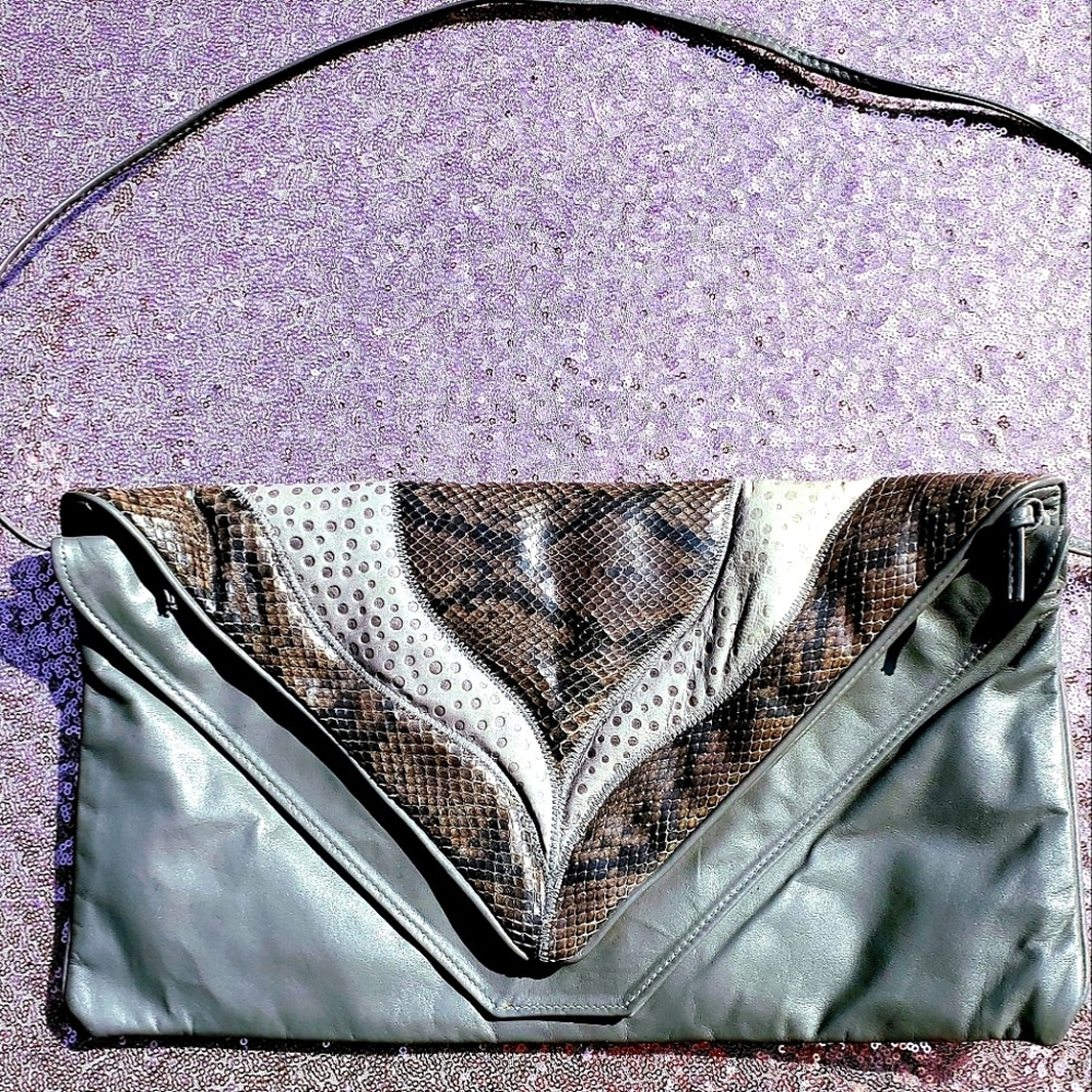 Vintage 1980s  Grey Brown Leather Snakeskin Crossbody or Clutch Bag Purse
